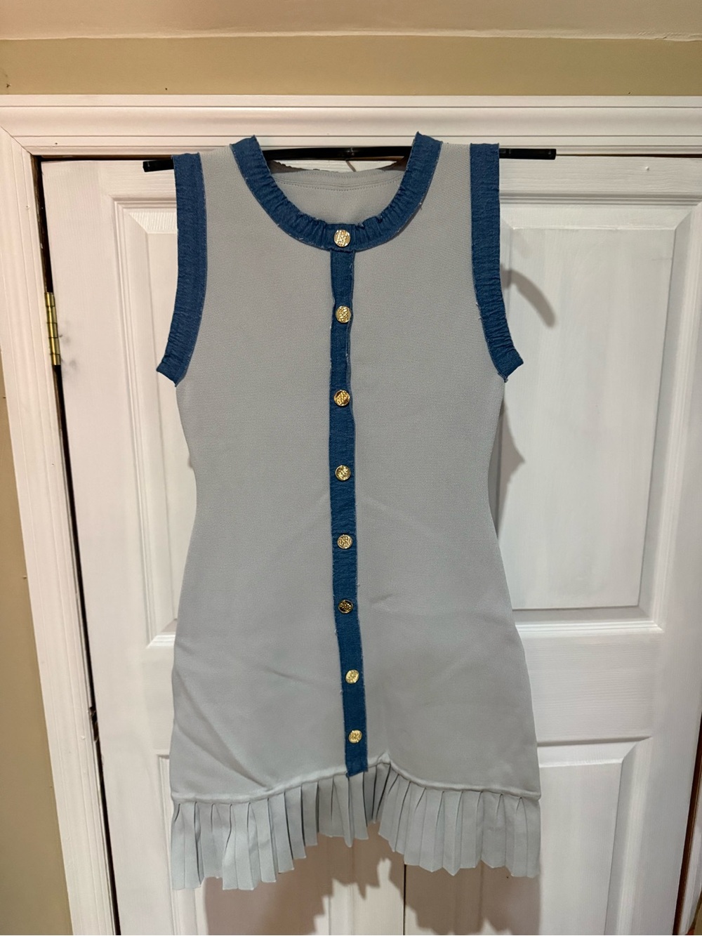 Womens Sleeveless Light Blue Dress Top with Navy Trim